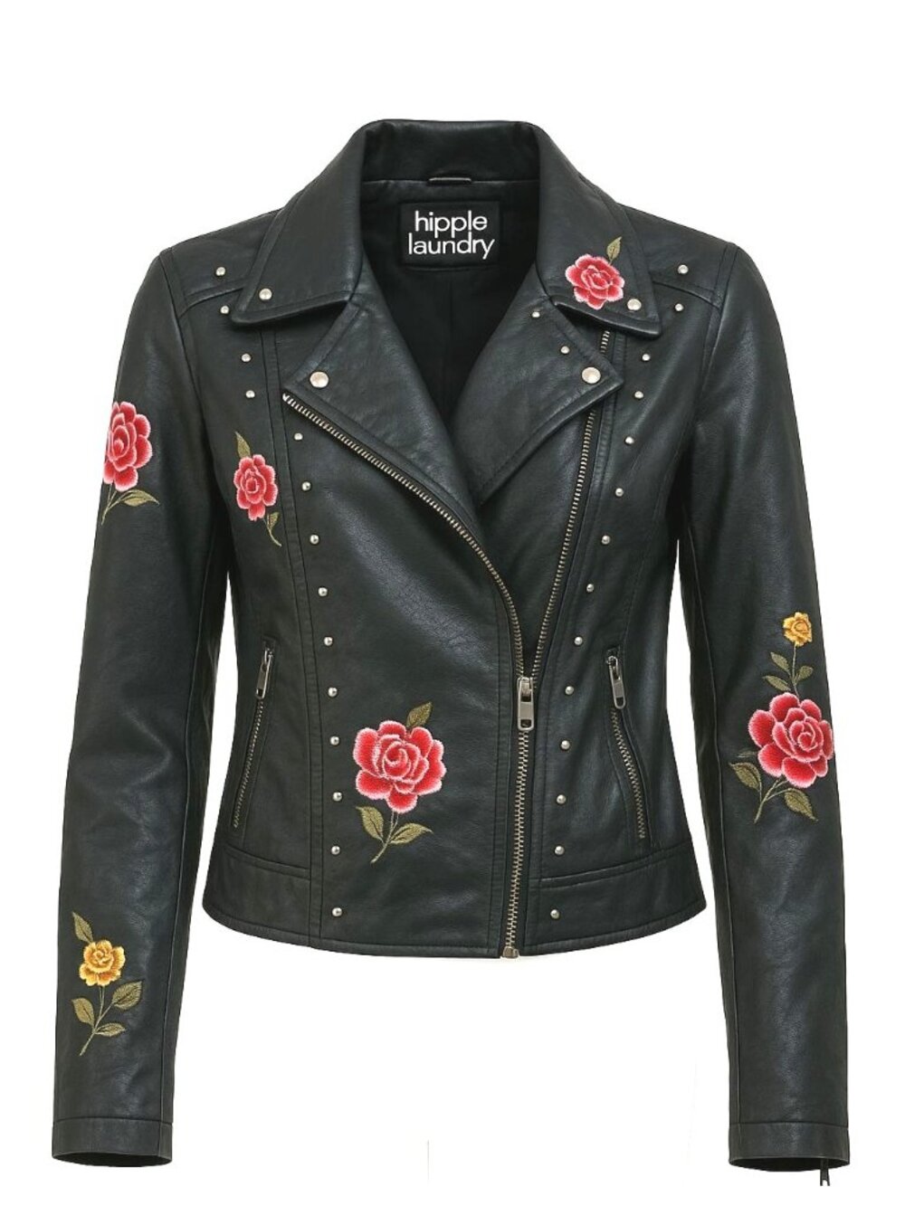 Hippie Laundry Large Black Faux Leather Moto Jacket Floral Embroidered Boho Edgy - Picture 12 of 15